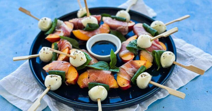Image for Easy Peach Appetizer Skewers with Parma Ham and Mozzarella