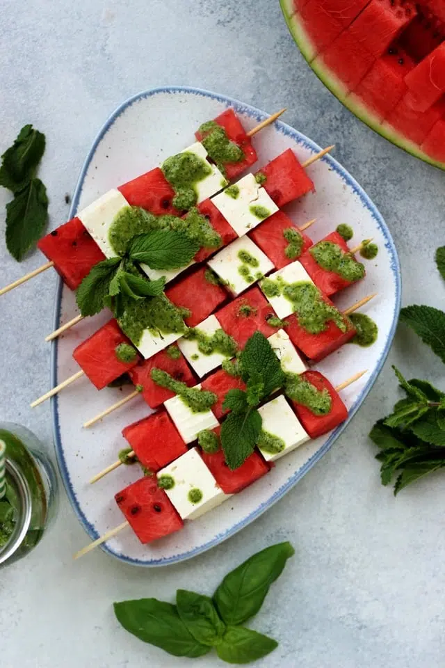 Image for Take-Along Watermelon Skewers with Feta and Mint Pesto